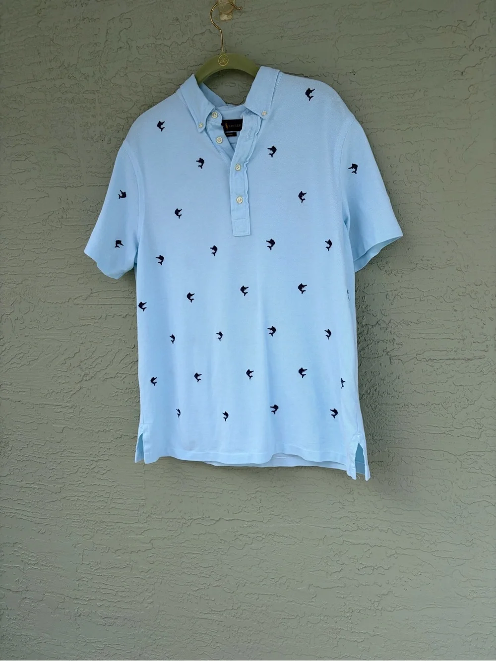 Men's Ralph Lauren Knit Oxford Polo, Short Sleeve Large, Blue Marlin Pattern L